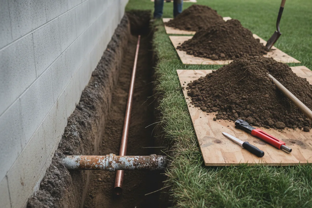 Excavated water line trench during Sewer Line Repair in Liberty